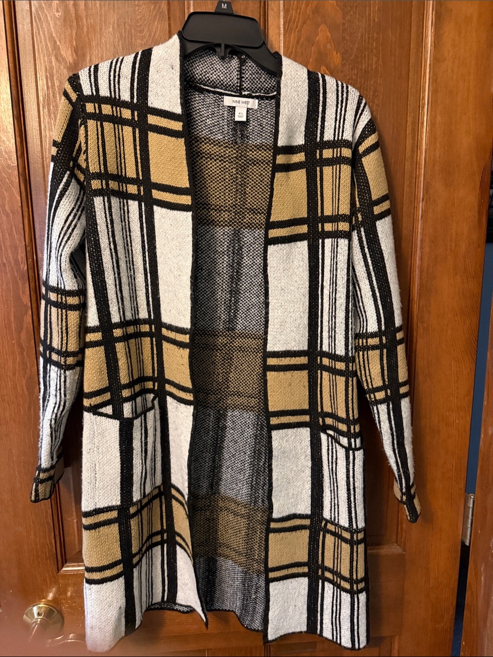 Nine West Open-Front Plaid Longline Cardigan - Camel/Black/White